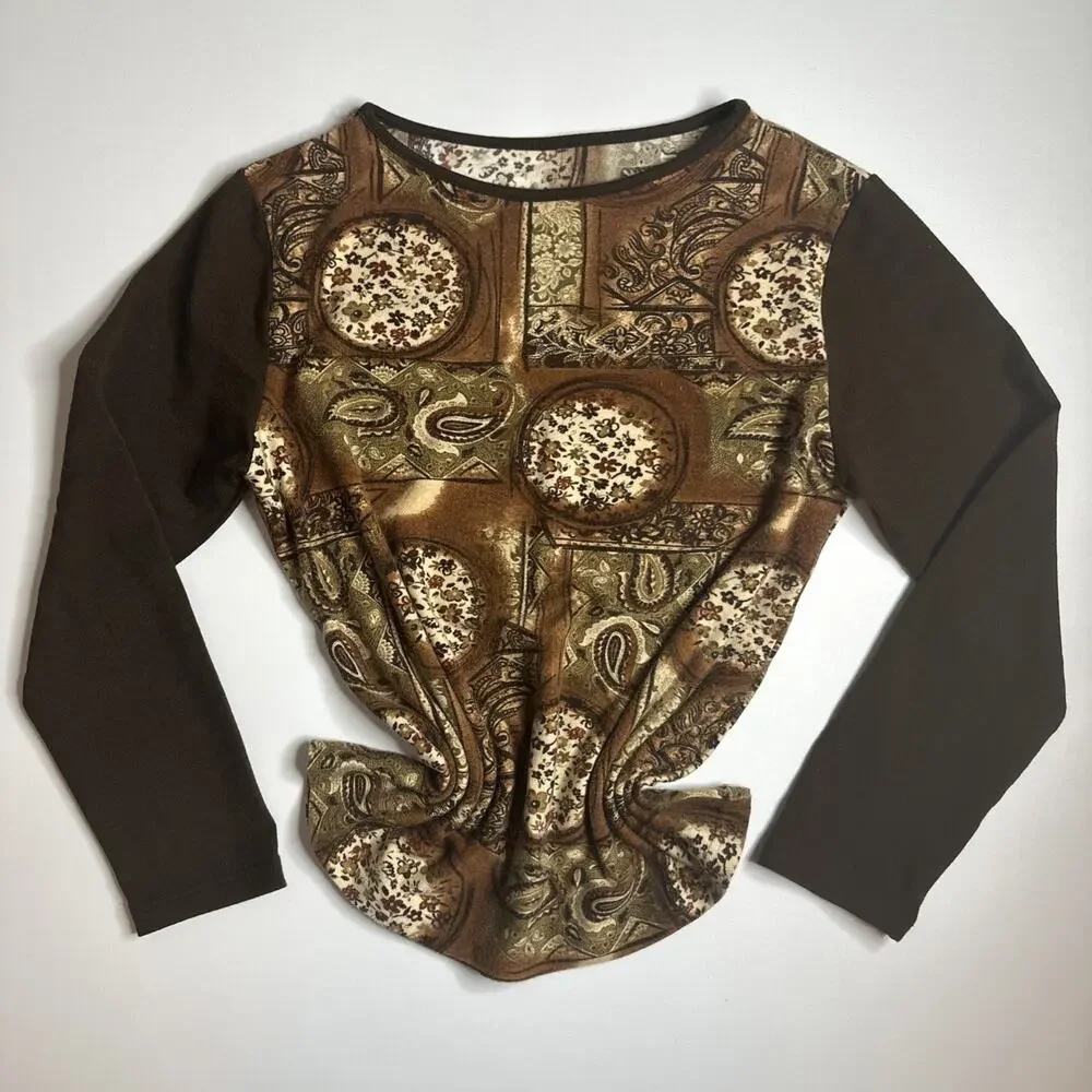Vintage Y2K Brown Baroque Paisley Top M Whimsigoth Fairy Grunge Long Sleeve Boho